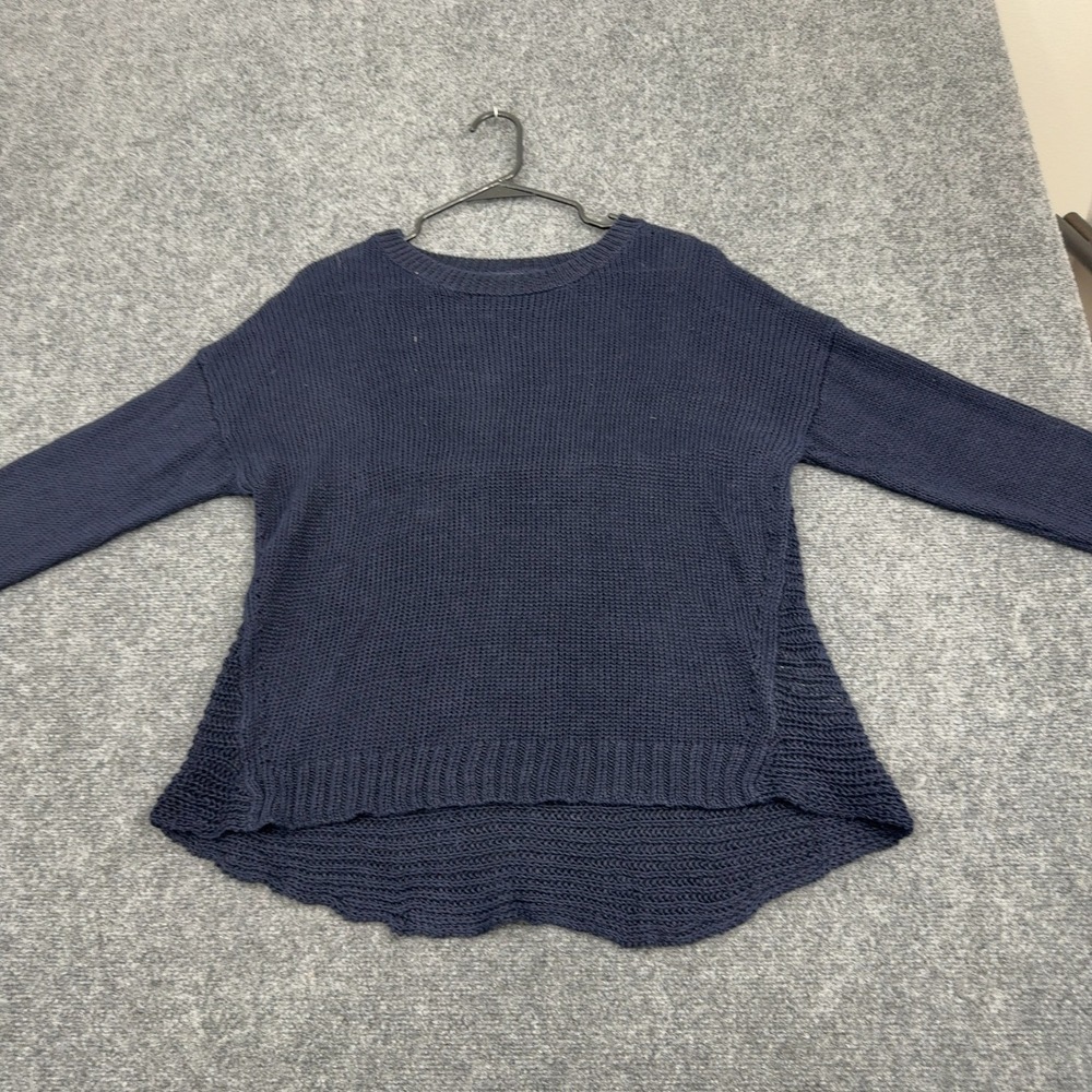 J Crew Sweater Womens L Navy Blue Linen Knit High Low Hem Casual Minimalist